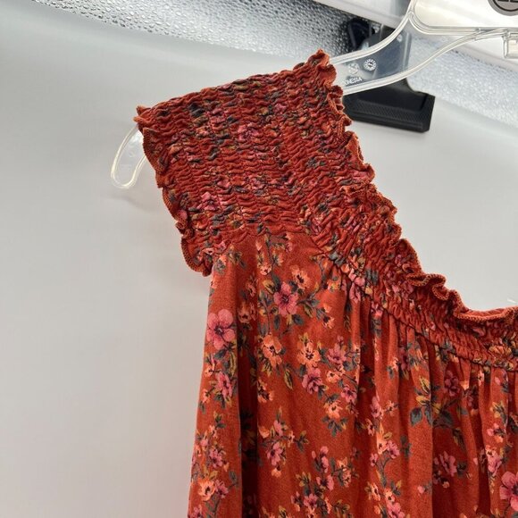 American Eagle Women's Scoop Neck Smocked Top Orange/Multi Floral Size Small - Picture 3 of 9